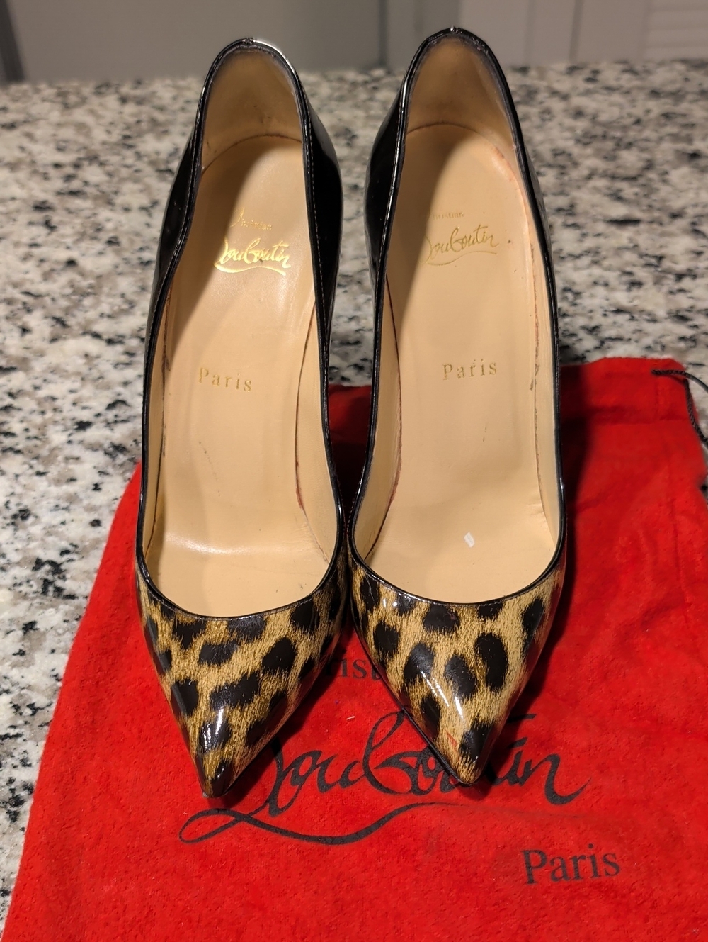 Christian Louboutin Leopard Patent Pointed Toe Pumps - Black/Leopard